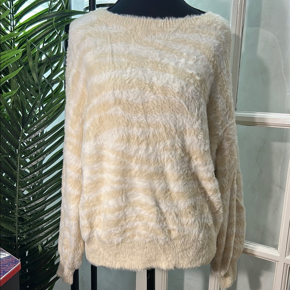 LOFT Cream Crew Neck Sweater with Fuzzy Texture